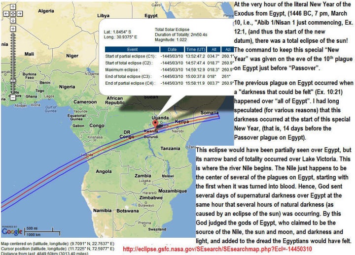 At the very hour of the literal New Year of the Exodus from Egypt, (1446 BC, 7 pm, March 10, i.e., "Abib 1/Nisan 1 just commencing, Ex. 12:1, (and thus was the start of the new datum), there was a total eclipse of the sun! The command to keep this special New Year was given on the eve of the 10th plague on Egypt just before Passover. 